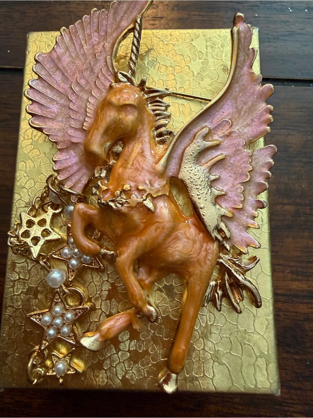 Source Unknown Pink and Gold Pegasus Brooch with Star and Pearl Dangles